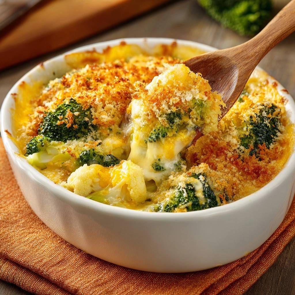 Cheesy broccoli cauliflower bake, a spoonful revealing the melty cheese and tender vegetables inside.