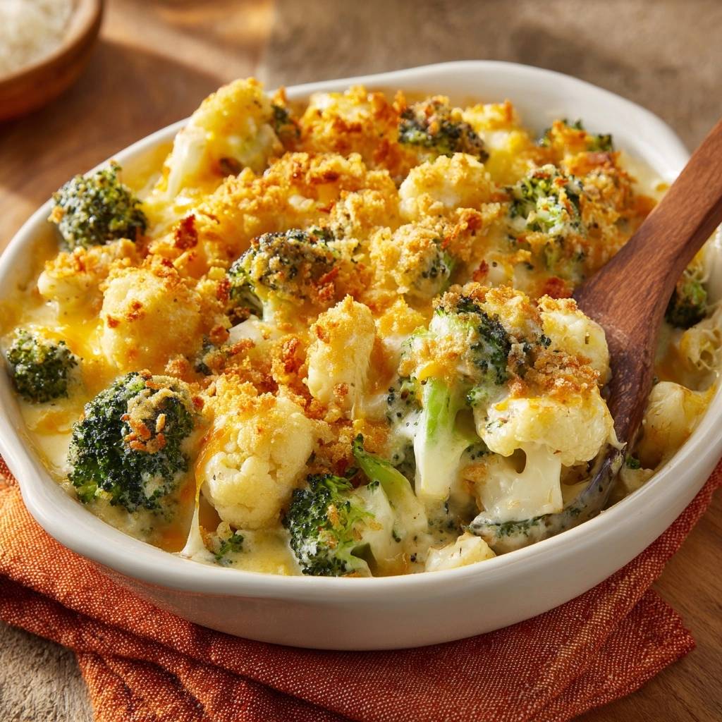 Cheesy broccoli cauliflower bake being served with a wooden spoon from a white baking dish.