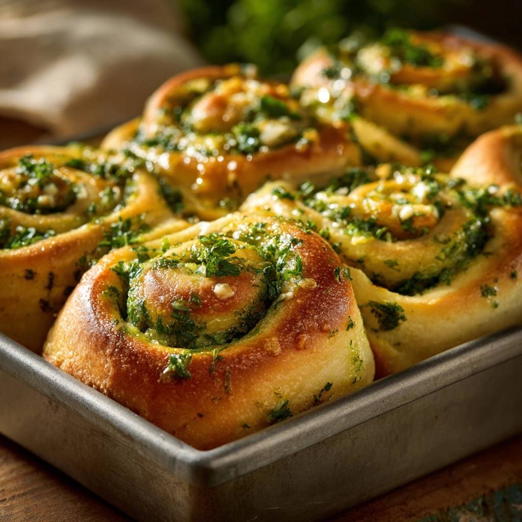 Cheesy garlic herb rolls with a crisp crust shown in a baking pan, highlighting their golden-brown tops and green herb filling.