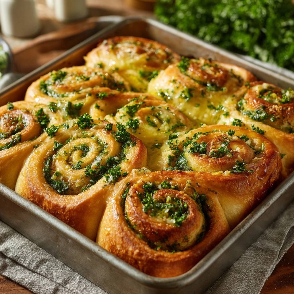 Cheesy garlic herb rolls, freshly baked in a pan, showcasing their golden crust and herb topping.