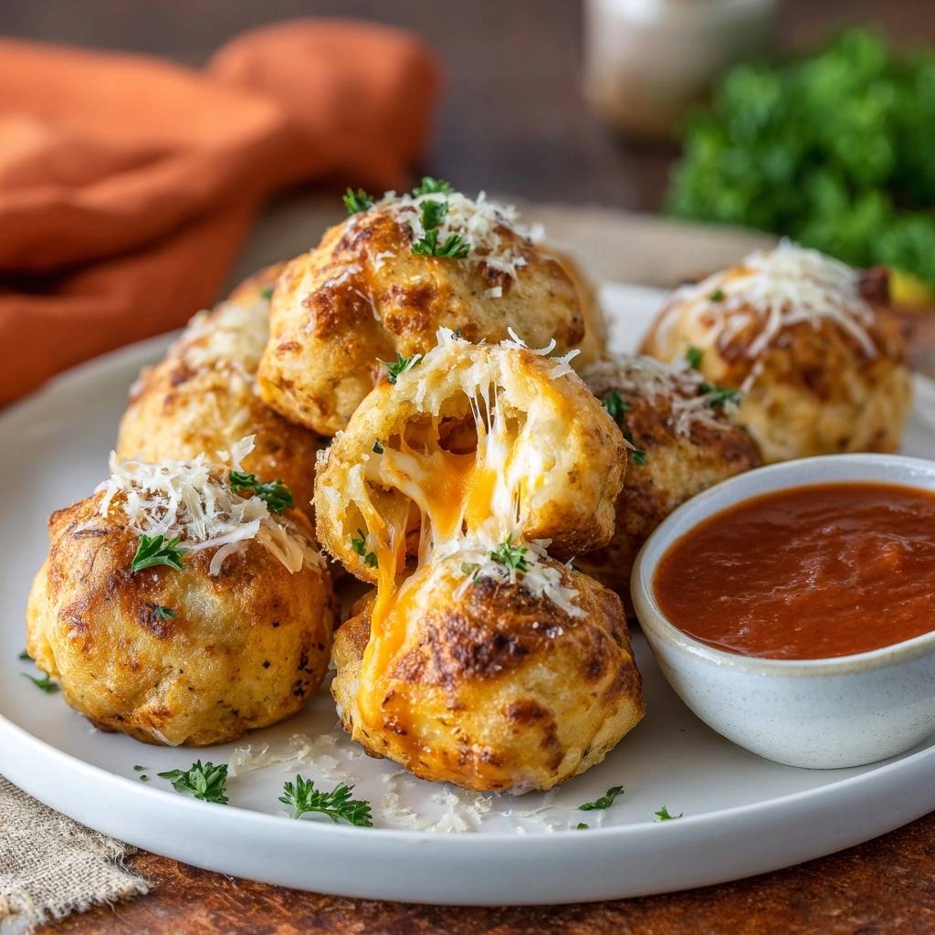Cheesy garlic pizza bombs cross-section showing melted cheese pull, served with marinara sauce.