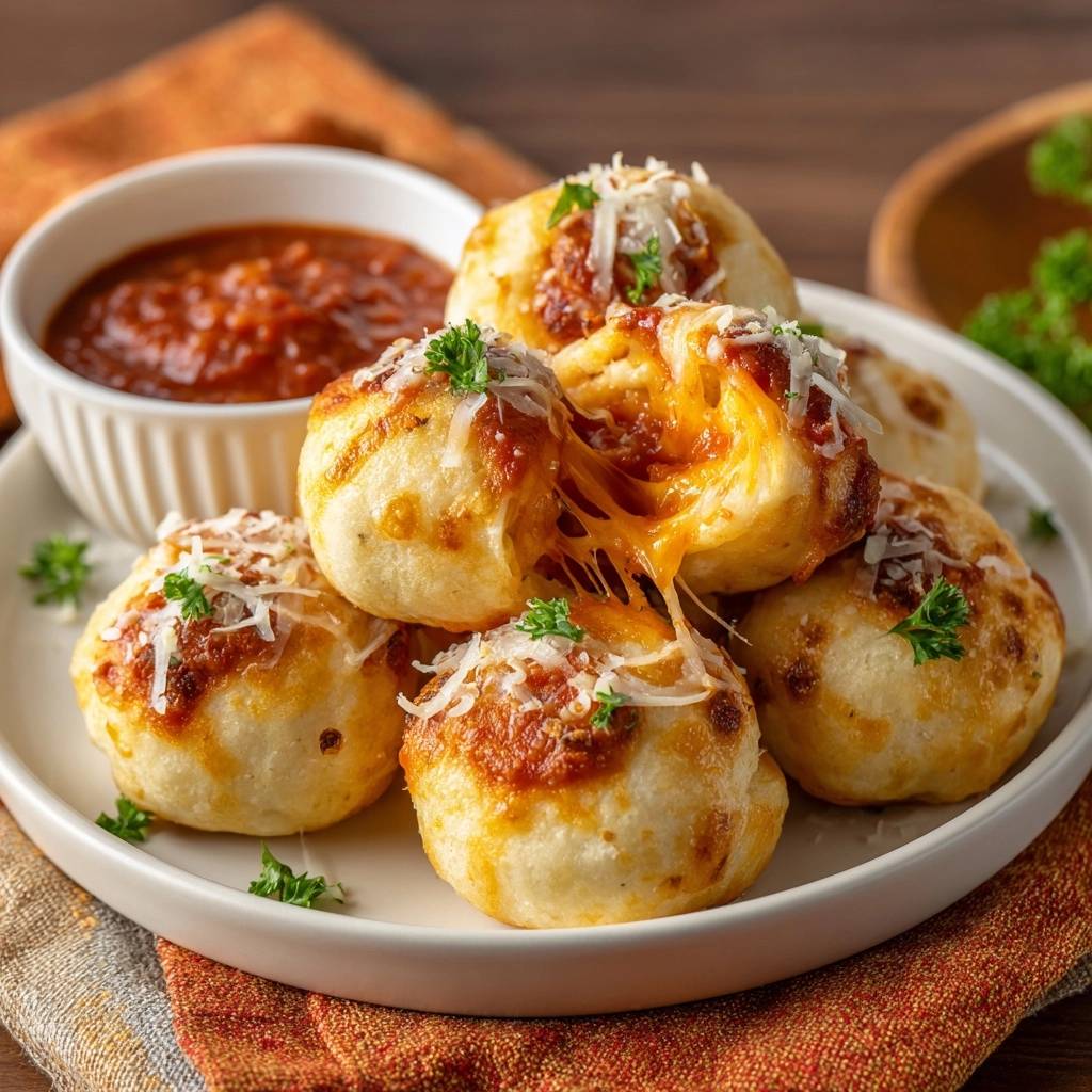Cheesy garlic pizza bombs with a gooey cheese pull, served with marinara sauce and garnished with parsley.