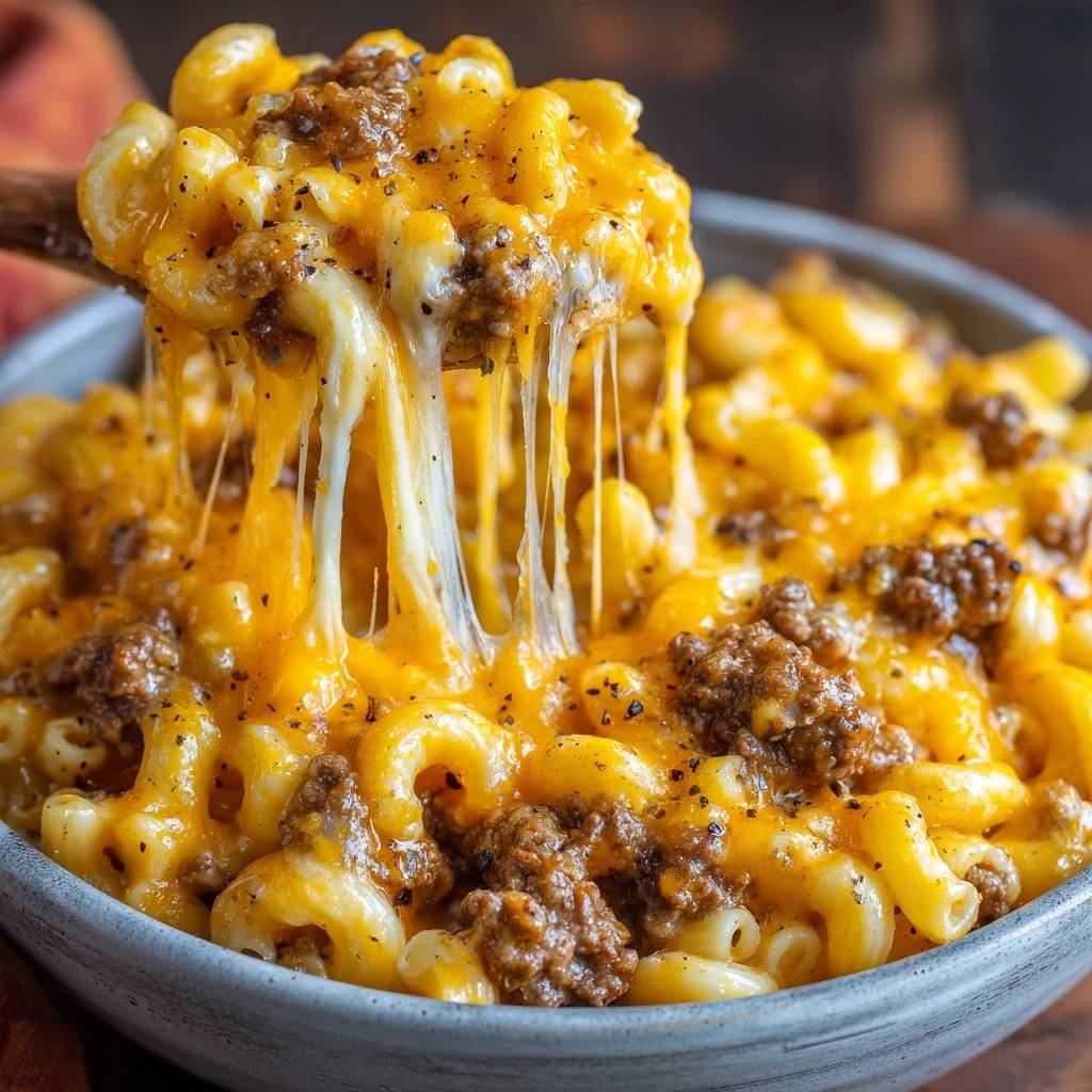 Cheesy ground beef macaroni with a gooey cheese pull being lifted by a wooden spoon.