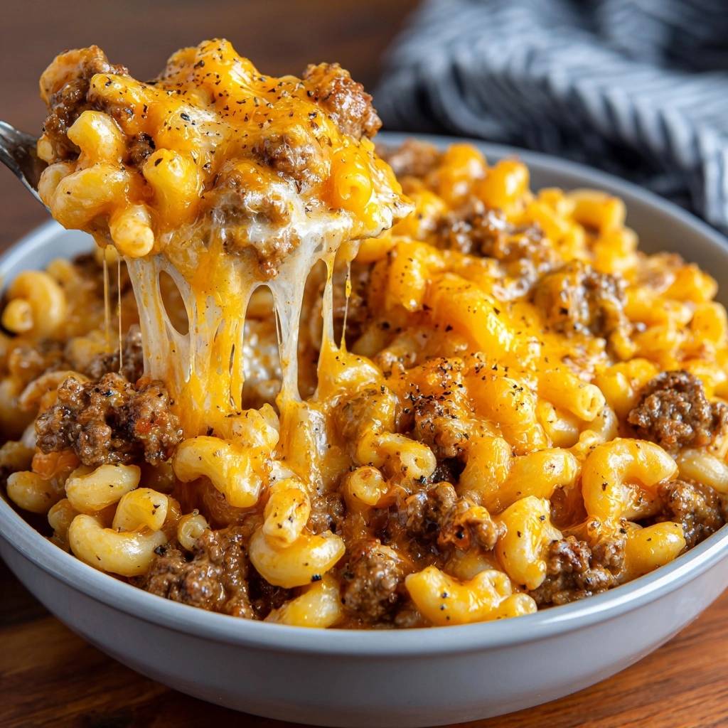 Cheesy ground beef macaroni being lifted with a spoon, showcasing gooey melted cheese strings.