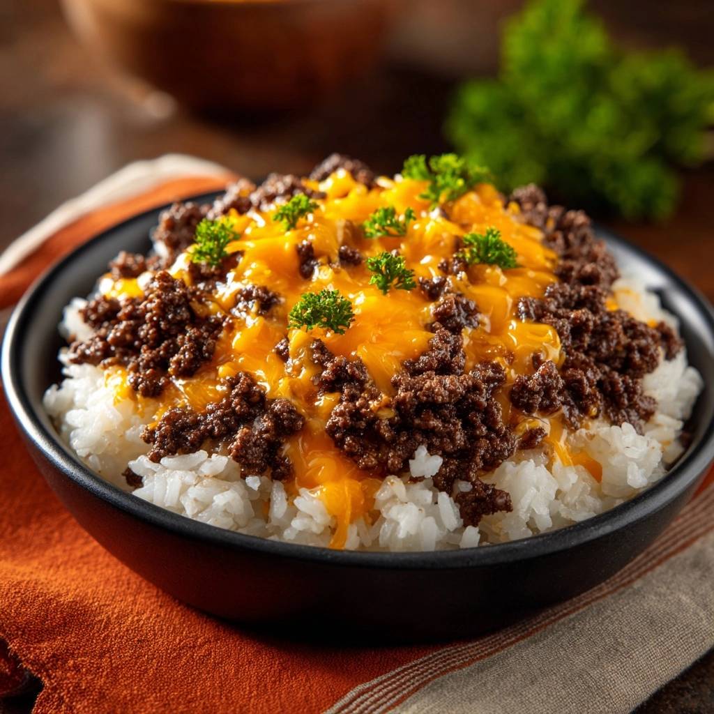 Cheesy ground beef and rice bowl shown in a close-up view with melted cheddar cheese and parsley garnish.