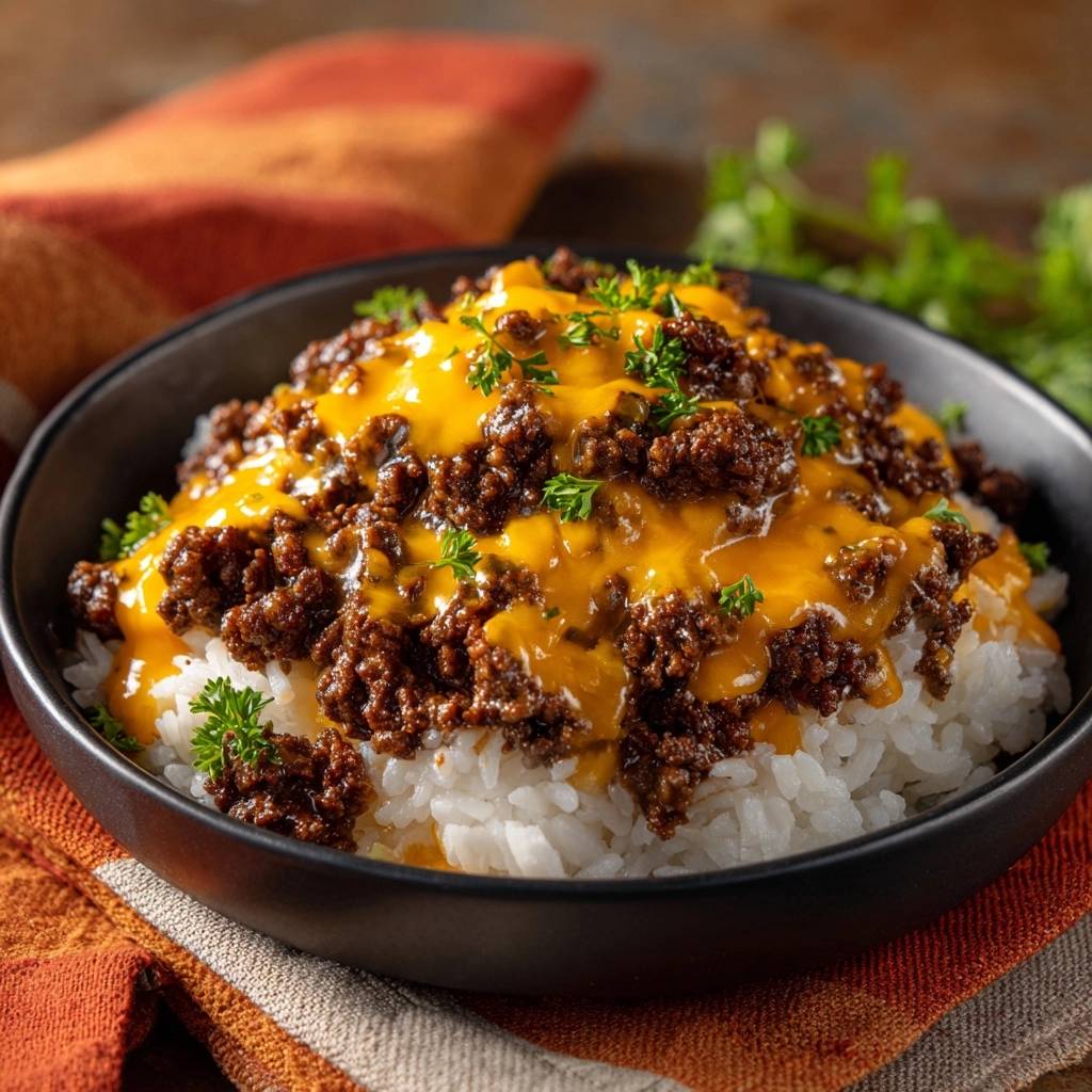 Cheesy ground beef and rice bowl presented in a dark bowl, topped with melted cheese and parsley garnish.