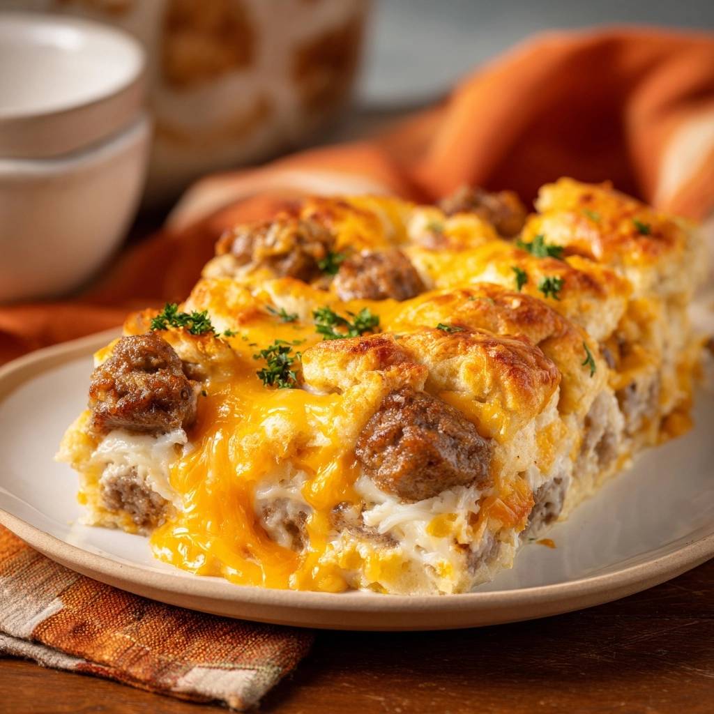 The ultimate cheesy sausage biscuit bake shown as a plated slice with melted cheddar and sausage.