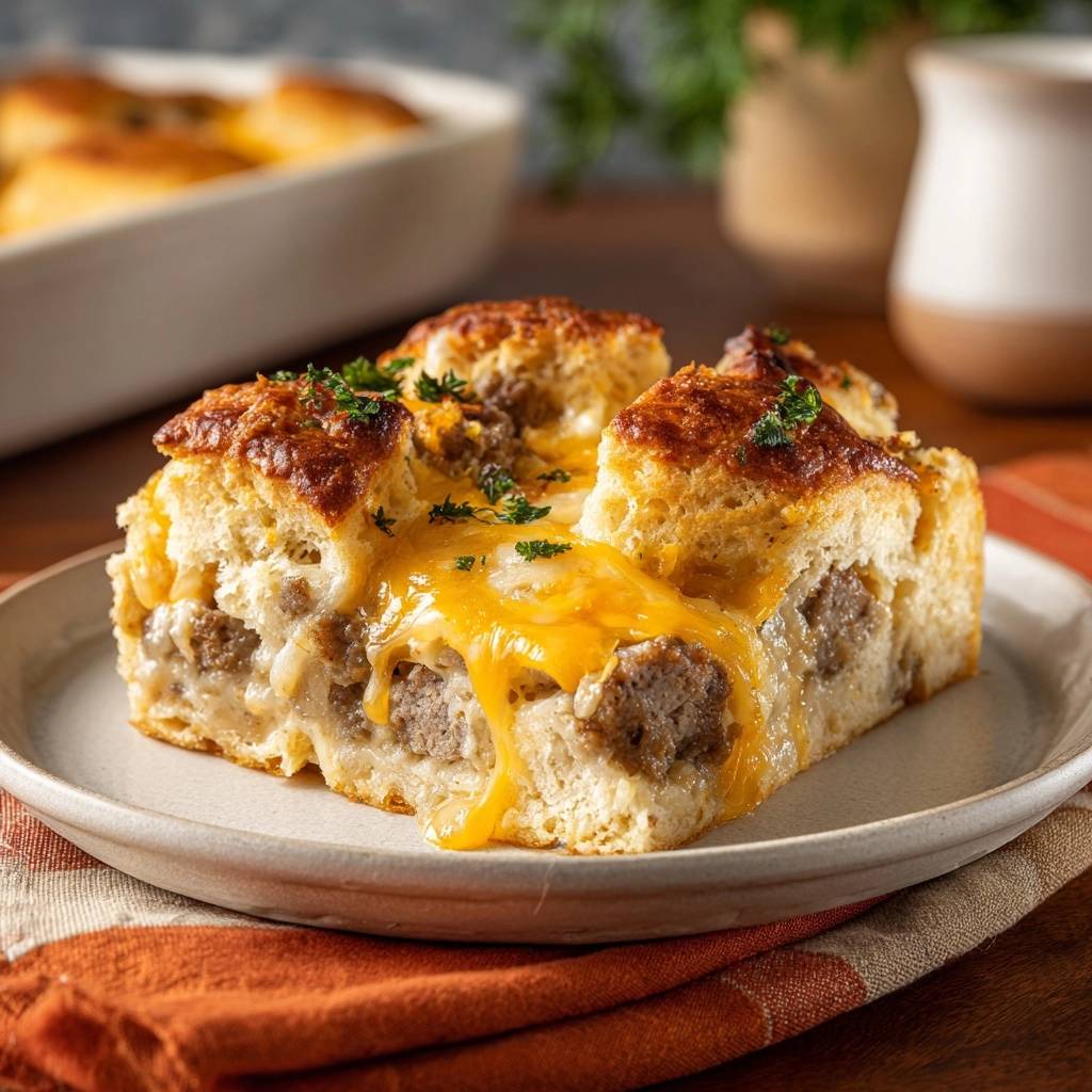 The Ultimate Cheesy Sausage Biscuit Bake shown as a plated slice with melted cheese and fresh parsley garnish.