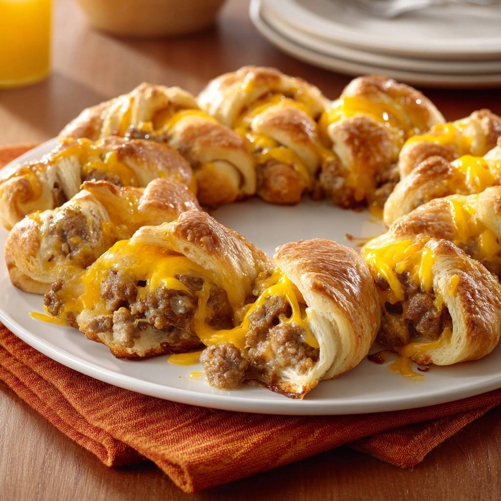 Cheesy sausage crescent ring cross-section revealing melted cheese and savory filling, presented on a white plate.