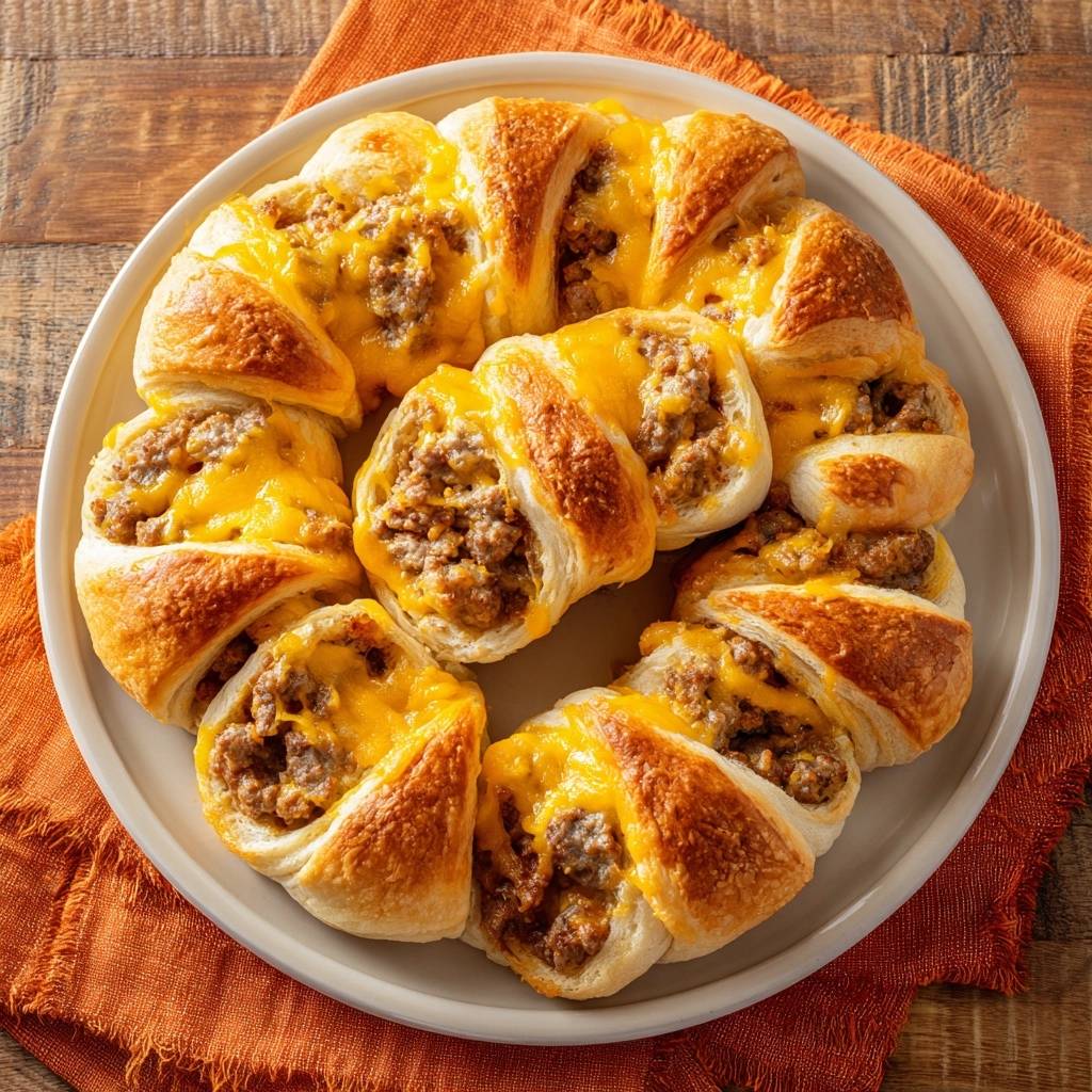 Cheesy sausage crescent ring featuring a golden-brown crust arranged in a circular wreath shape.