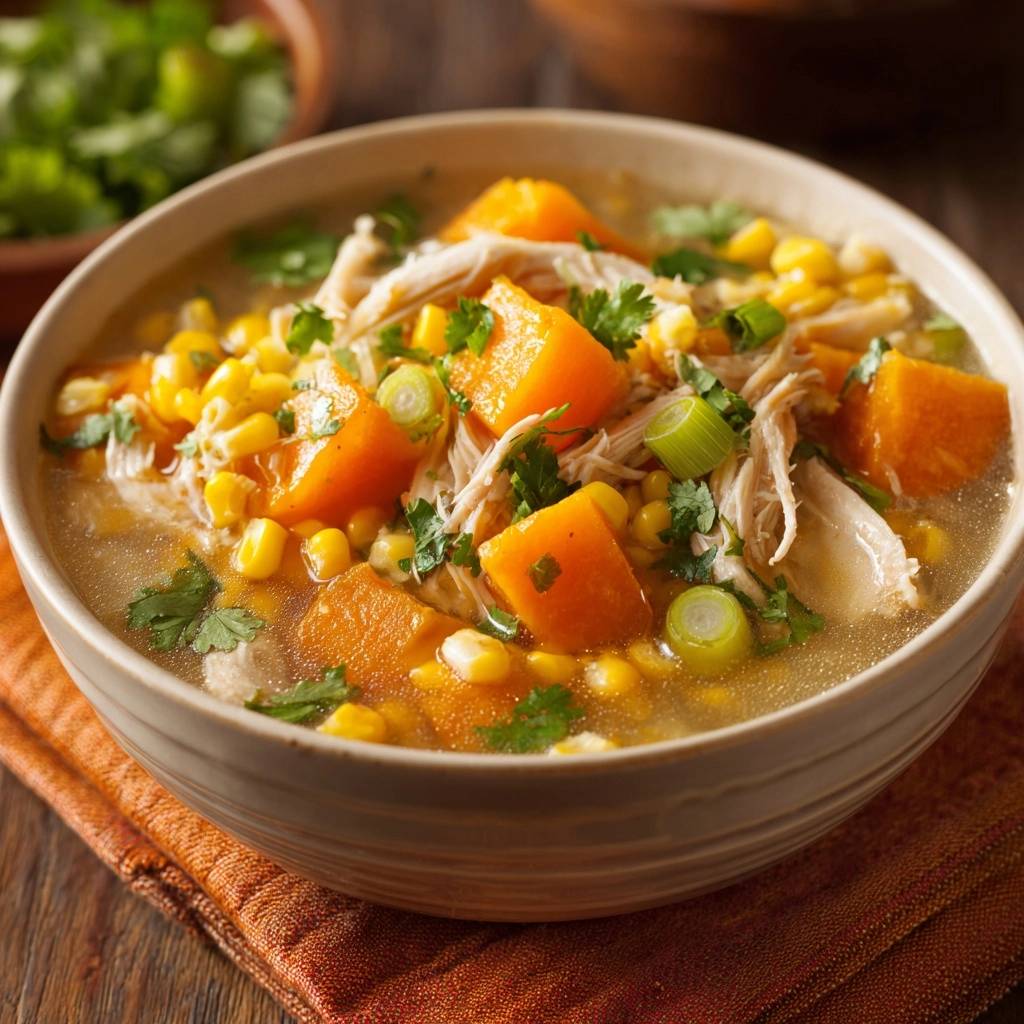 Hearty chicken and sweet potato soup in a bowl, featuring a close-up view of shredded chicken, corn, and sweet potato chunks with fresh cilantro and green onions.