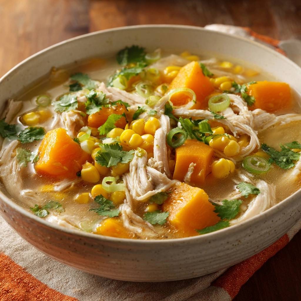Chicken and sweet potato soup in a bowl, garnished with fresh cilantro and green onions.