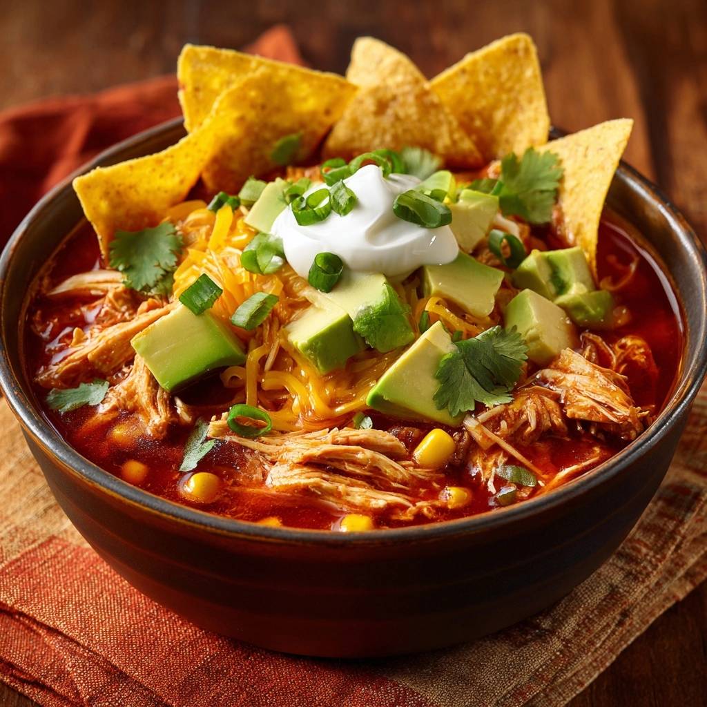 Slow cooker chicken tortilla soup topped with avocado, sour cream, cheese, and tortilla chips.