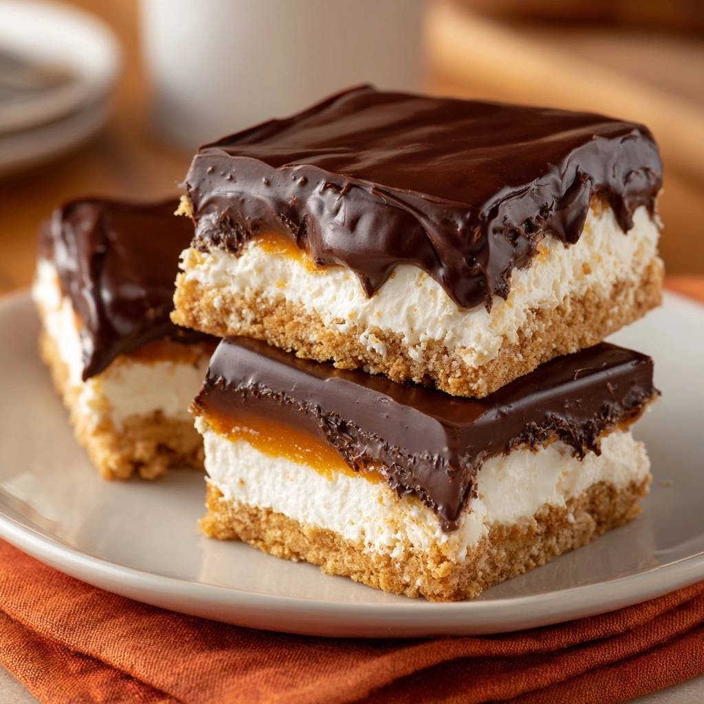 Chocolate caramel cheesecake bars with a crisp crust, stacked to reveal a cross-section of the layers.