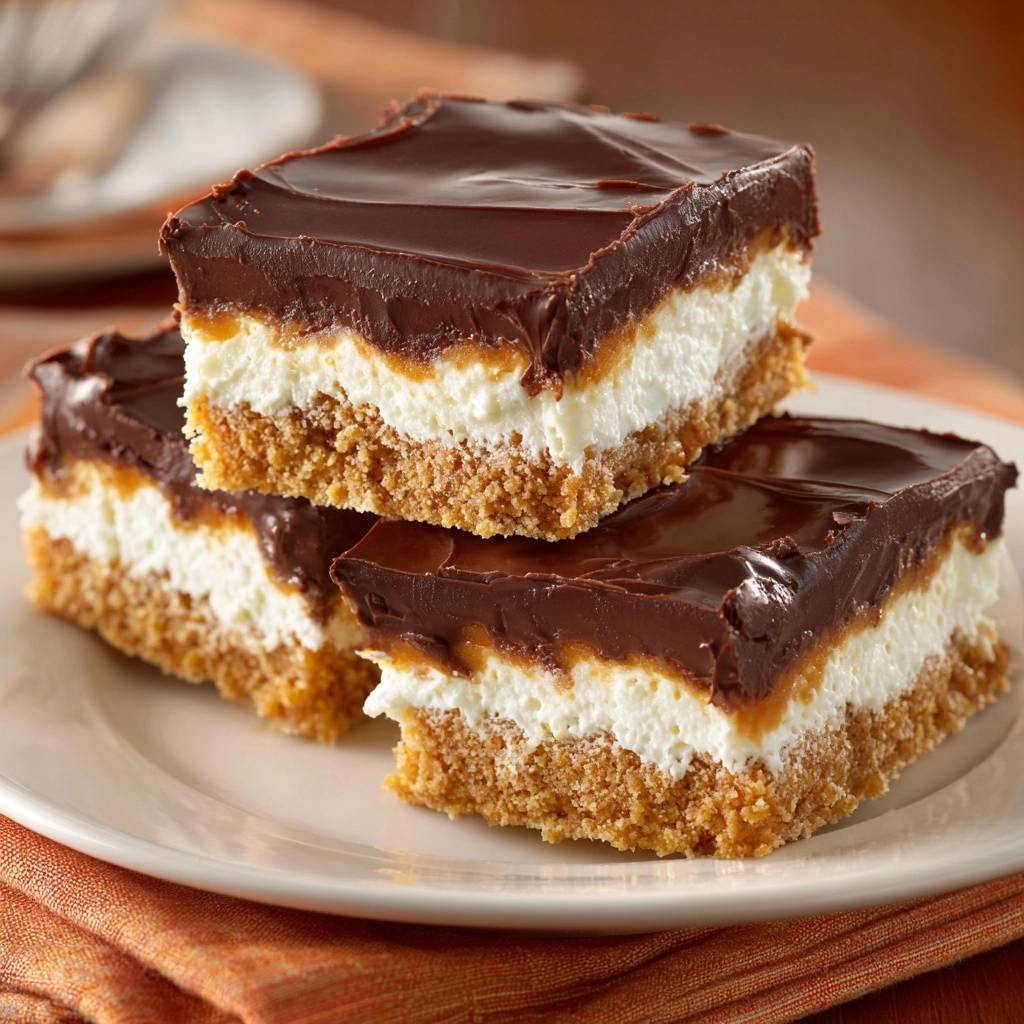 Chocolate caramel cheesecake bars with a crisp crust, shown as stacked interior slices on a white plate.