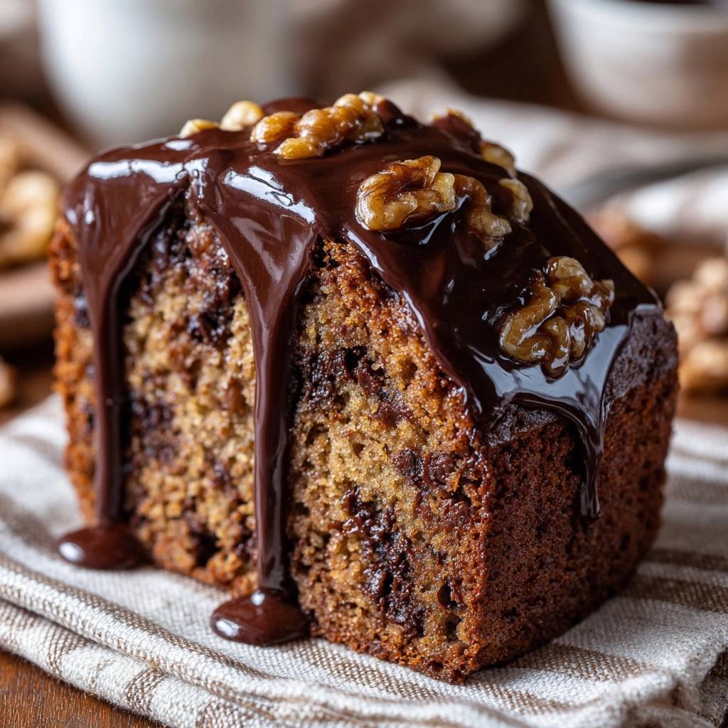 Chocolate chip walnut banana bread with a rich chocolate glaze and walnuts, shown in a close-up side view.