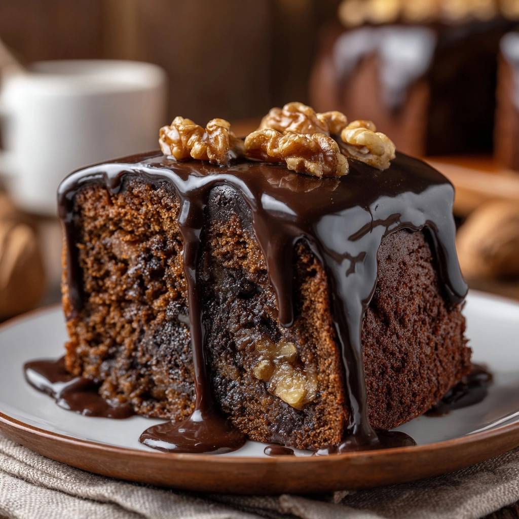 Chocolate chip walnut banana bread slice with rich chocolate glaze and walnuts on top.