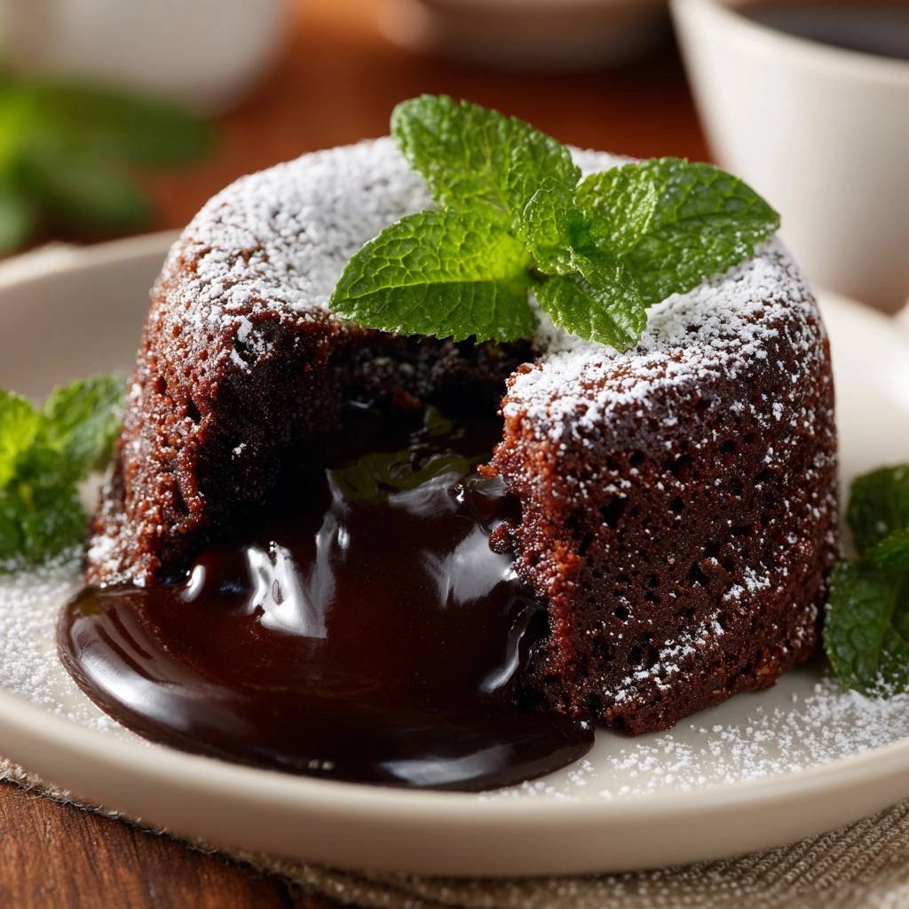 Decadent chocolate lava cakes with a molten center, shown in a close-up cross-section revealing the rich, flowing chocolate interior.