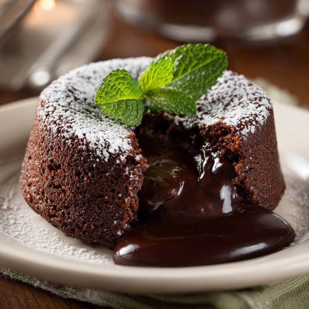 Decadent chocolate lava cakes with a molten center, showing a close-up cross-section with rich chocolate oozing out.