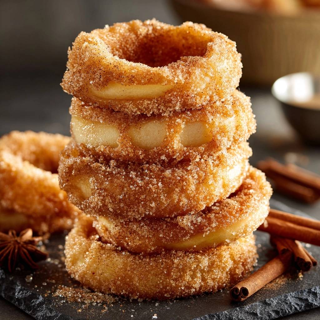 Cinnamon sugar apple rings stacked high in a close-up view, showcasing their textured coating and sweet appearance.