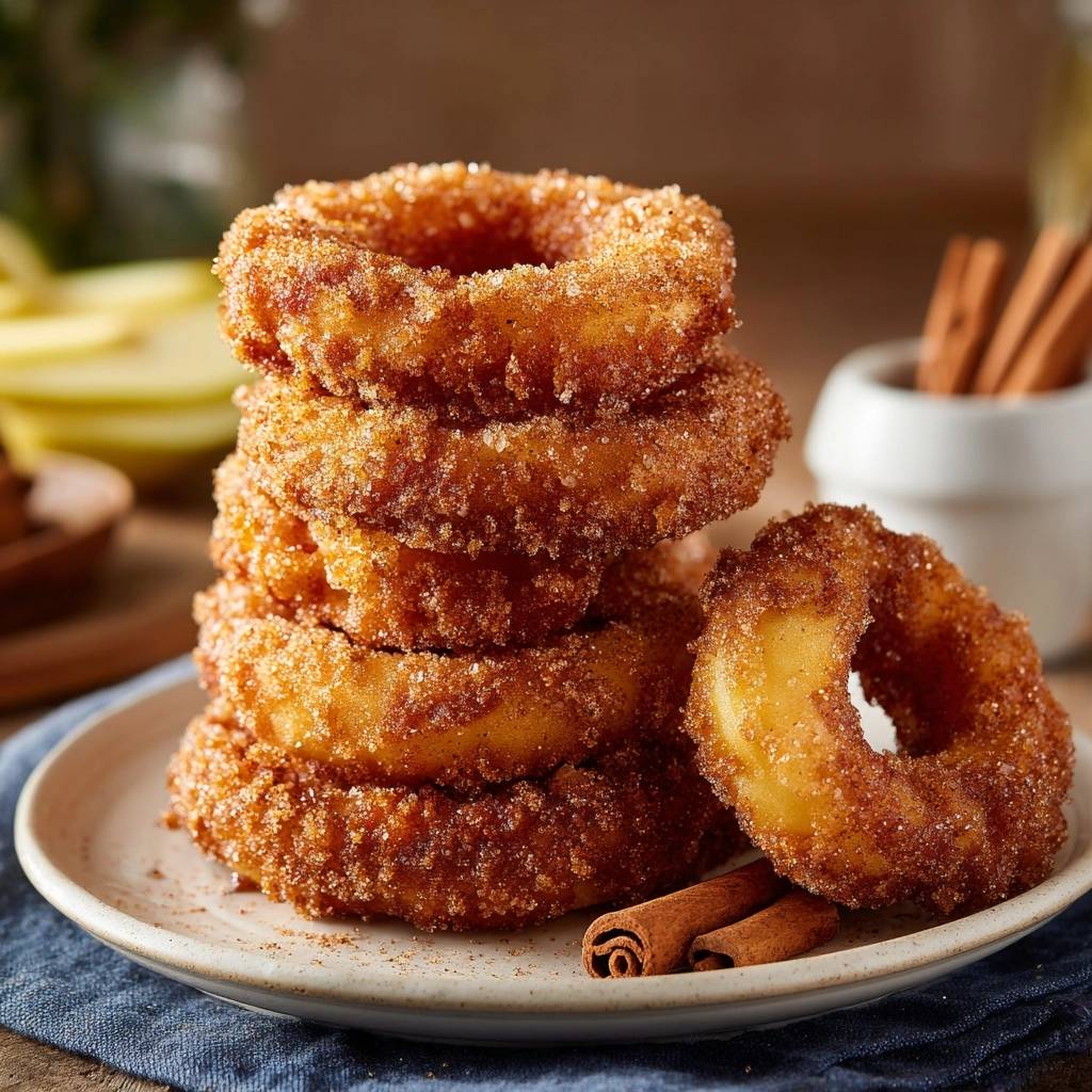 Cinnamon sugar apple rings stacked high on a plate with cinnamon sticks and sliced apples in the background.