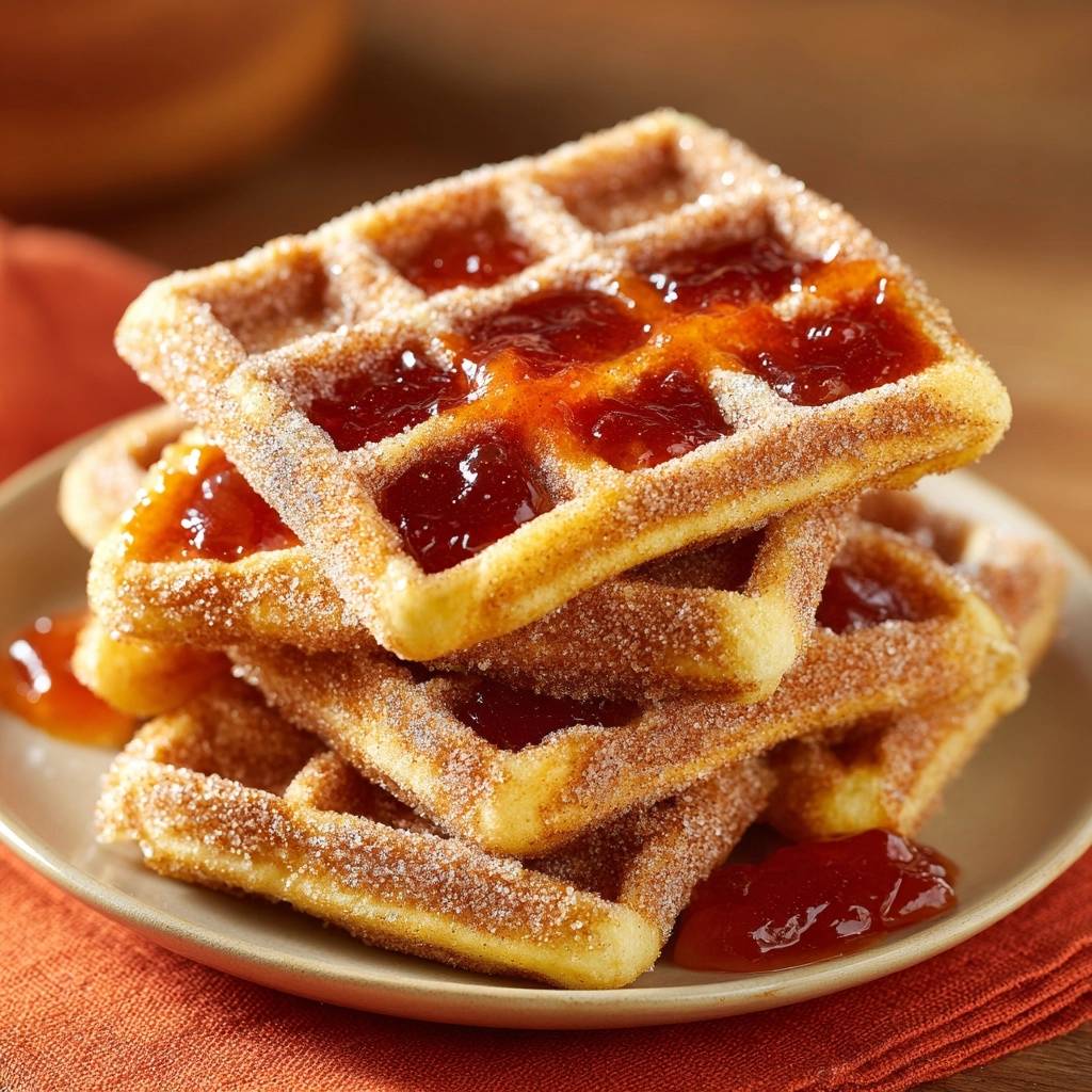 Cinnamon sugar jam-filled waffles stacked on a plate, showcasing the textured waffle grid and glistening jam filling.