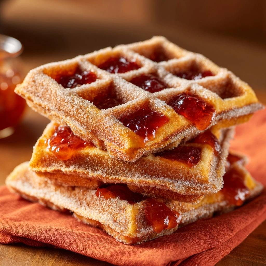 Cinnamon sugar jam-filled waffles stacked high, showcasing the glistening jam and sugary coating in a close-up detail shot.