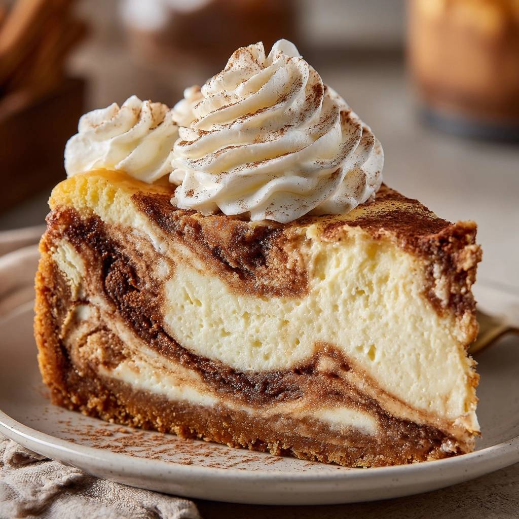 Cinnamon swirl cheesecake, a plated slice showcasing the marbled interior and whipped cream topping dusted with cinnamon.