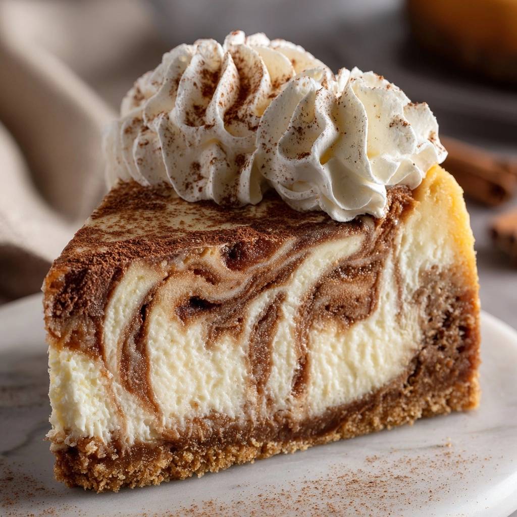 Cinnamon swirl cheesecake slice with whipped cream topping and cocoa powder, showcasing its marbled interior.