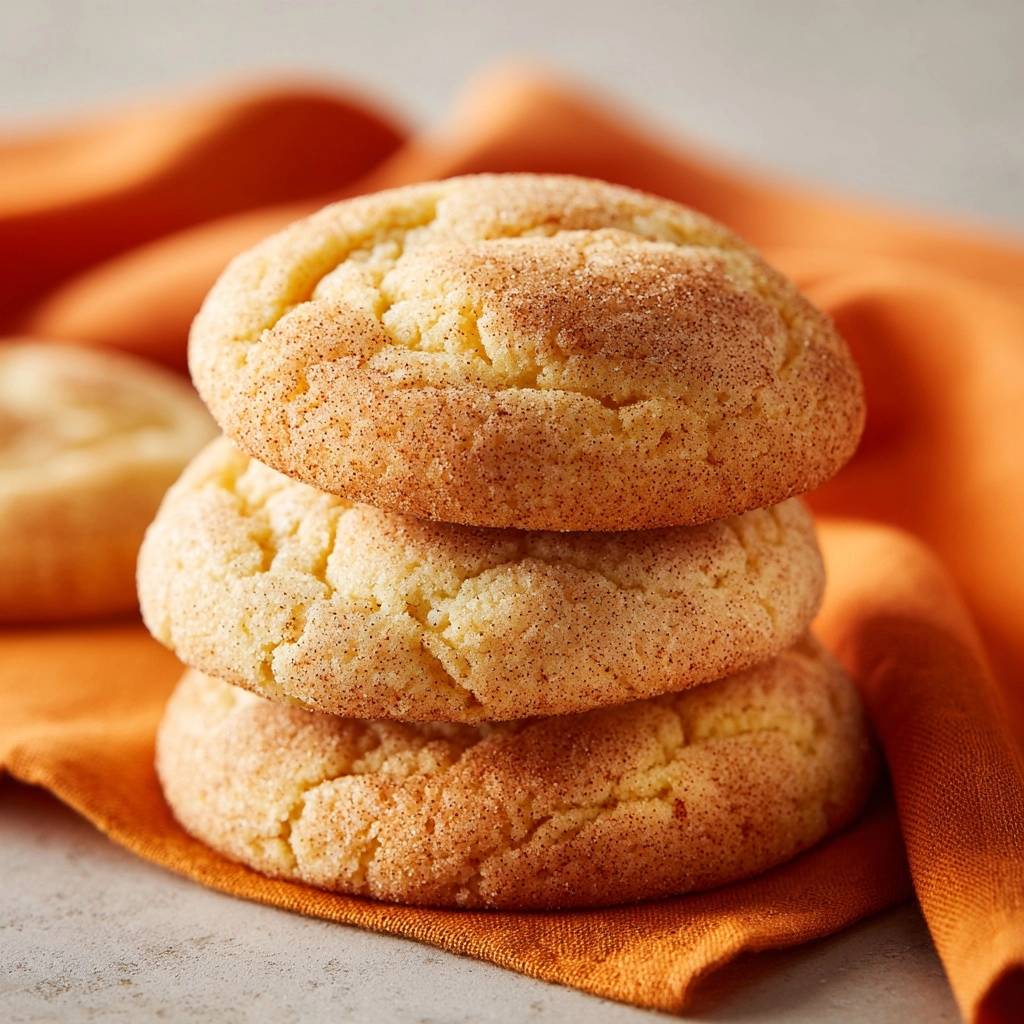 Classic cinnamon snickerdoodles stacked in a close-up view on an orange napkin, showcasing their textured tops.