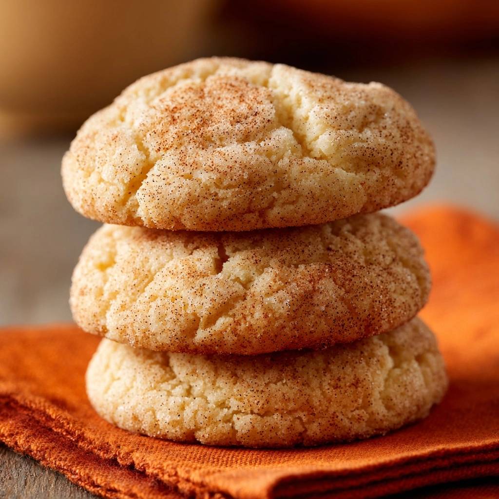 Classic cinnamon snickerdoodles stacked in a close-up view, dusted with cinnamon sugar.