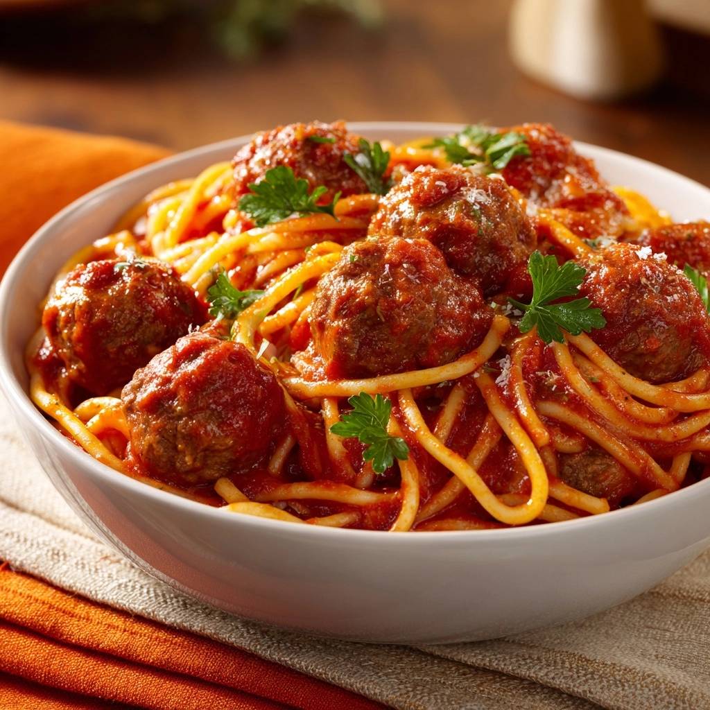 Classic spaghetti and meatballs served in a white bowl, garnished with parsley and cheese.