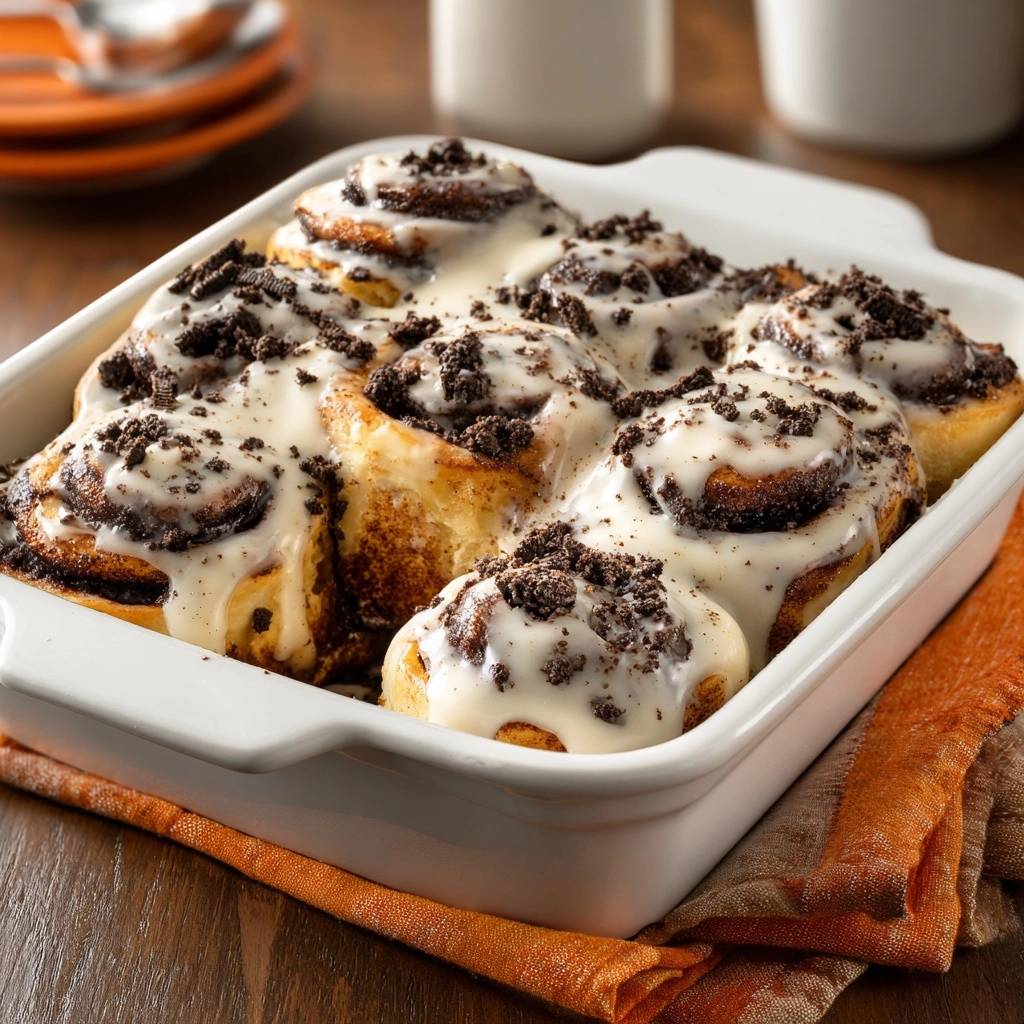 Cookies and cream cinnamon rolls baked in a white dish, topped with glaze and cookie crumbles.