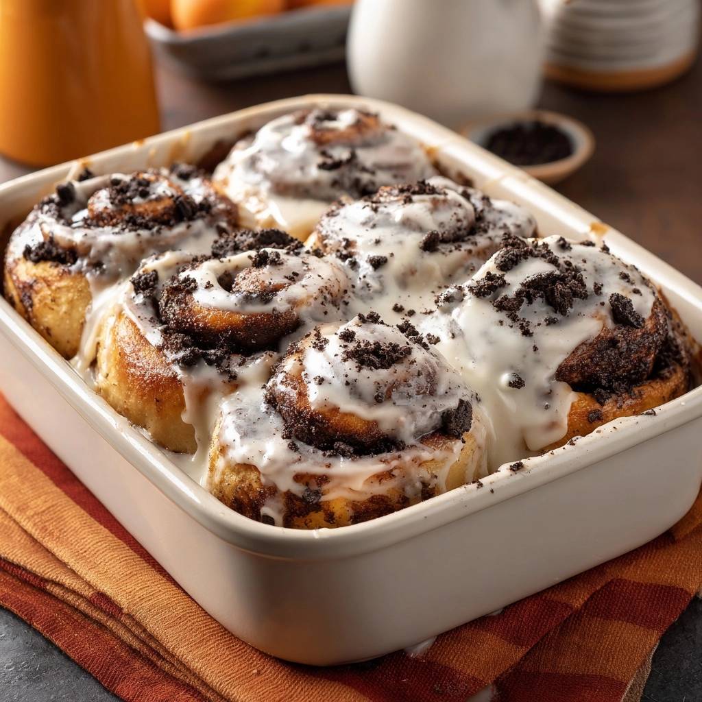 Cookies and cream cinnamon rolls fresh from the oven in a baking pan, topped with cream cheese frosting and cookie crumbles.