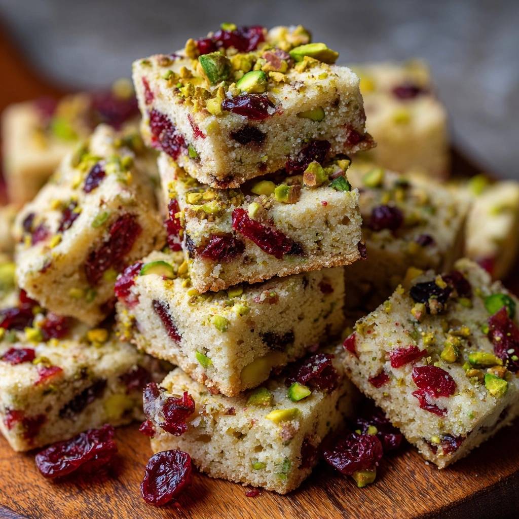 Cranberry pistachio shortbread bars, a close-up view of a stack showcasing their crumbly texture and scattered toppings.