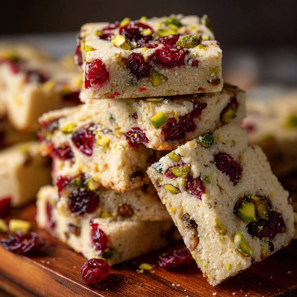 Cranberry pistachio shortbread bars, stacked in a close-up view on a wooden board, showcasing their interior texture.