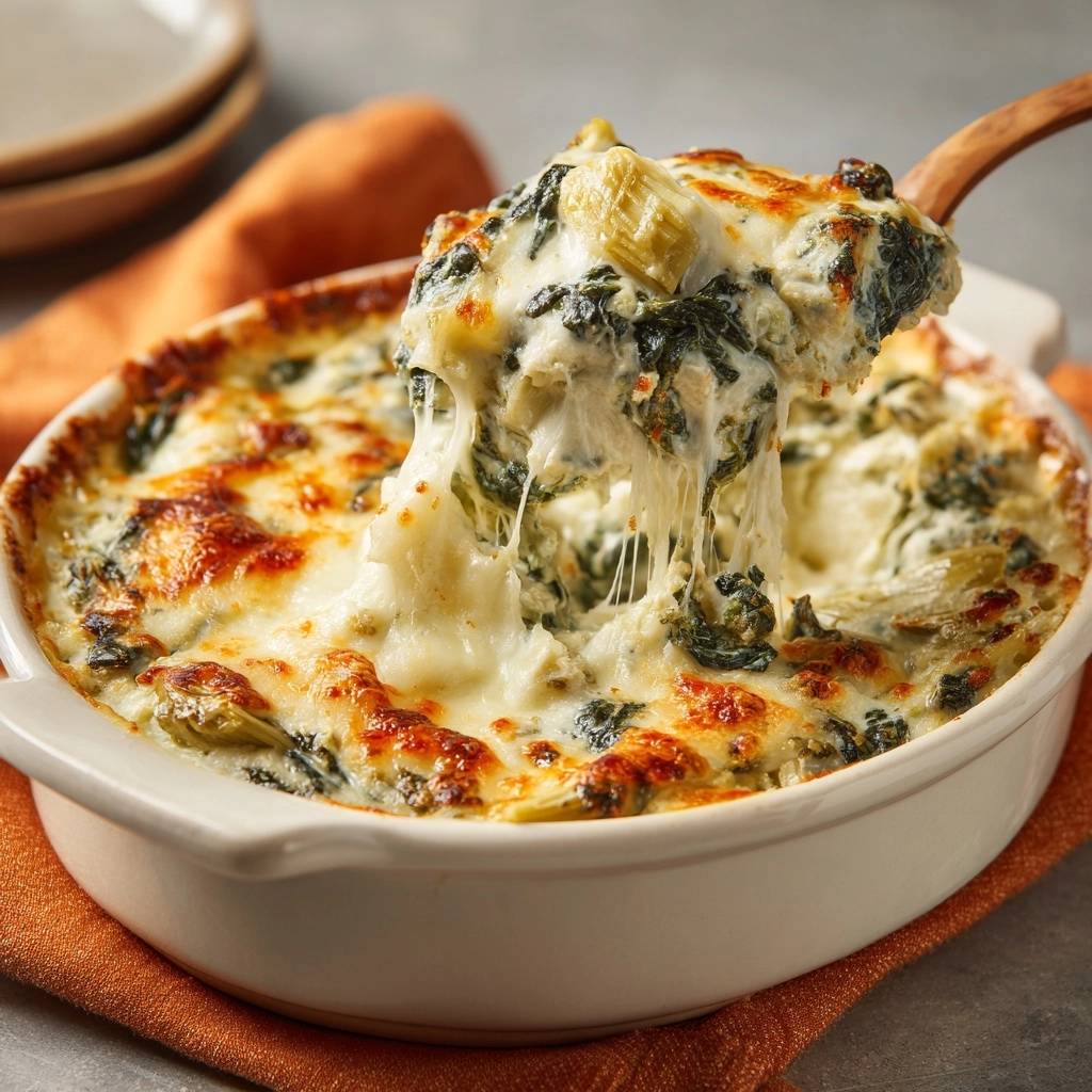 Creamy baked spinach artichoke dip being scooped with melted cheese strings, a close-up view.