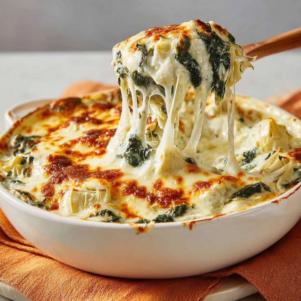 Creamy baked spinach artichoke dip with a generous gooey cheese pull being lifted by a wooden spoon.