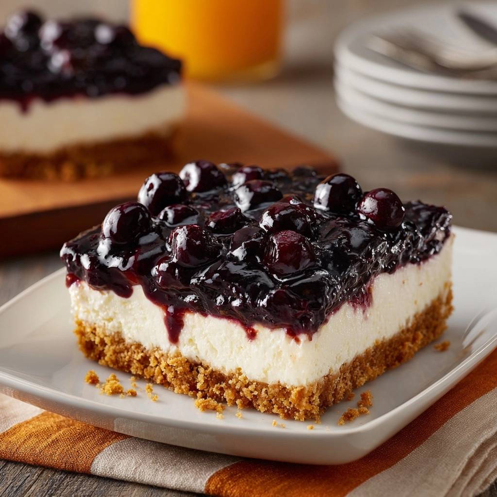 Creamy blueberry cheesecake bars with a crisp crust shown in a close-up cross-section on a white plate.