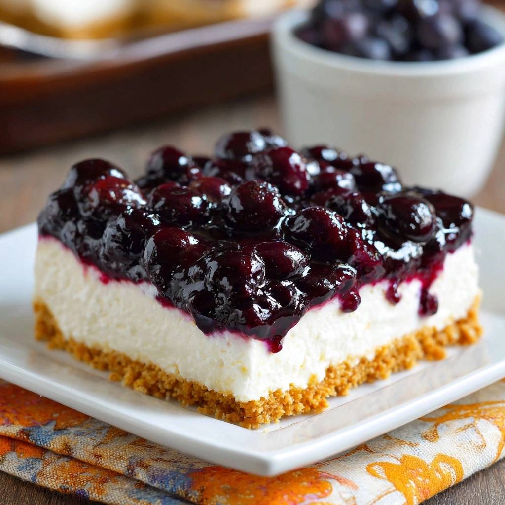 Creamy blueberry cheesecake bars with a crisp crust, shown in a close-up cross-section revealing the graham cracker base and rich topping.