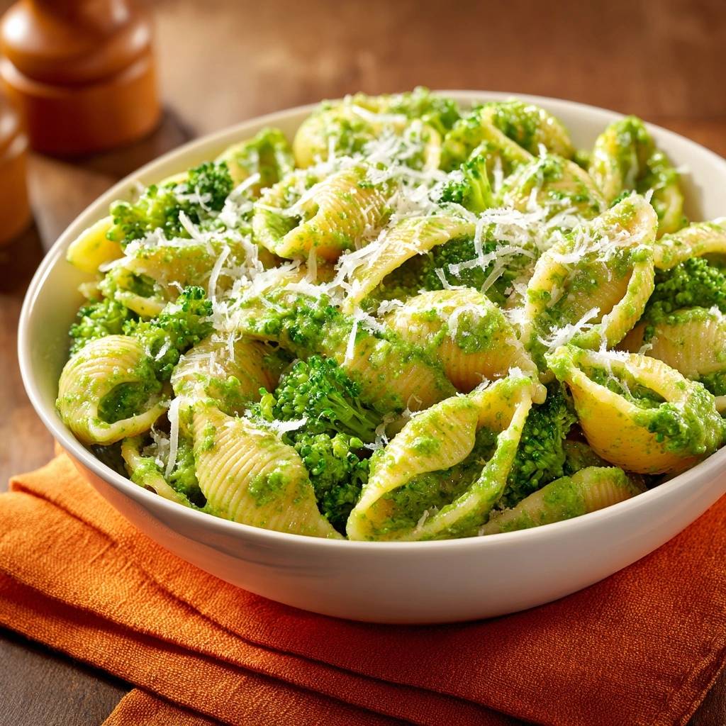 Creamy broccoli shells in a white bowl, topped with grated Parmesan cheese and a vibrant green sauce.
