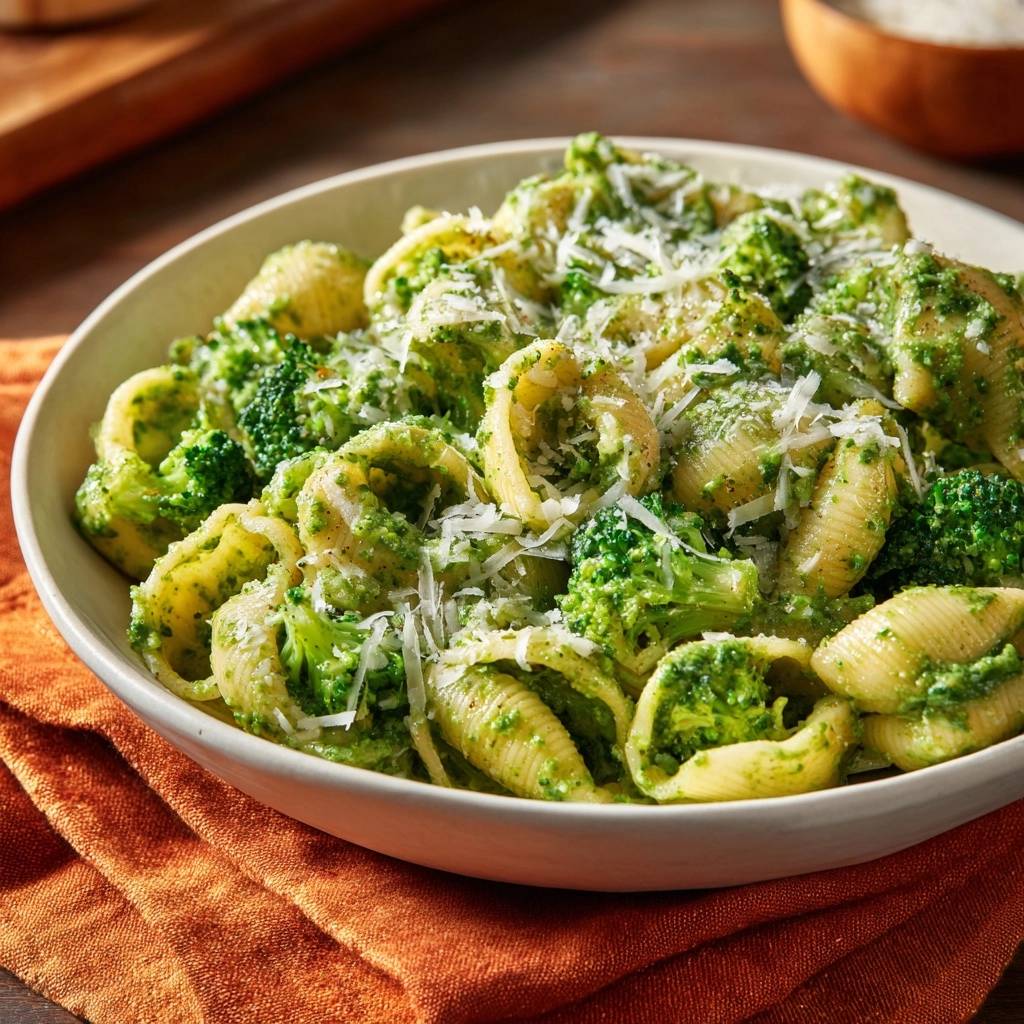 Creamy broccoli shells shown in a close-up view within a white bowl, topped with grated cheese.