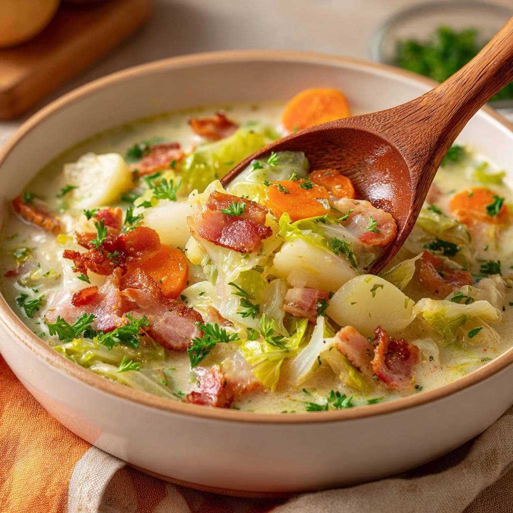 Creamy cabbage and potato soup with bacon and parsley, shown being scooped with a wooden spoon.