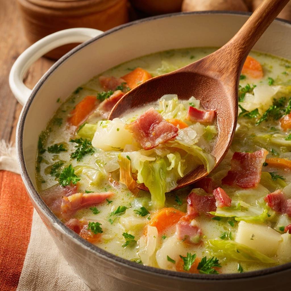 Creamy cabbage and potato soup being scooped with a wooden spoon, showing hearty chunks of vegetables and bacon.