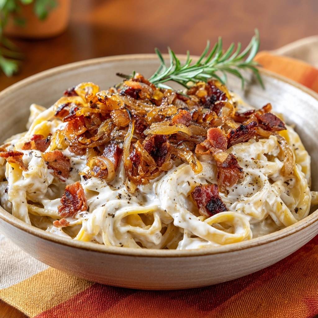 Creamy caramelized onion fettuccine with beef bacon served in a bowl, detailed close-up of toppings and pasta.