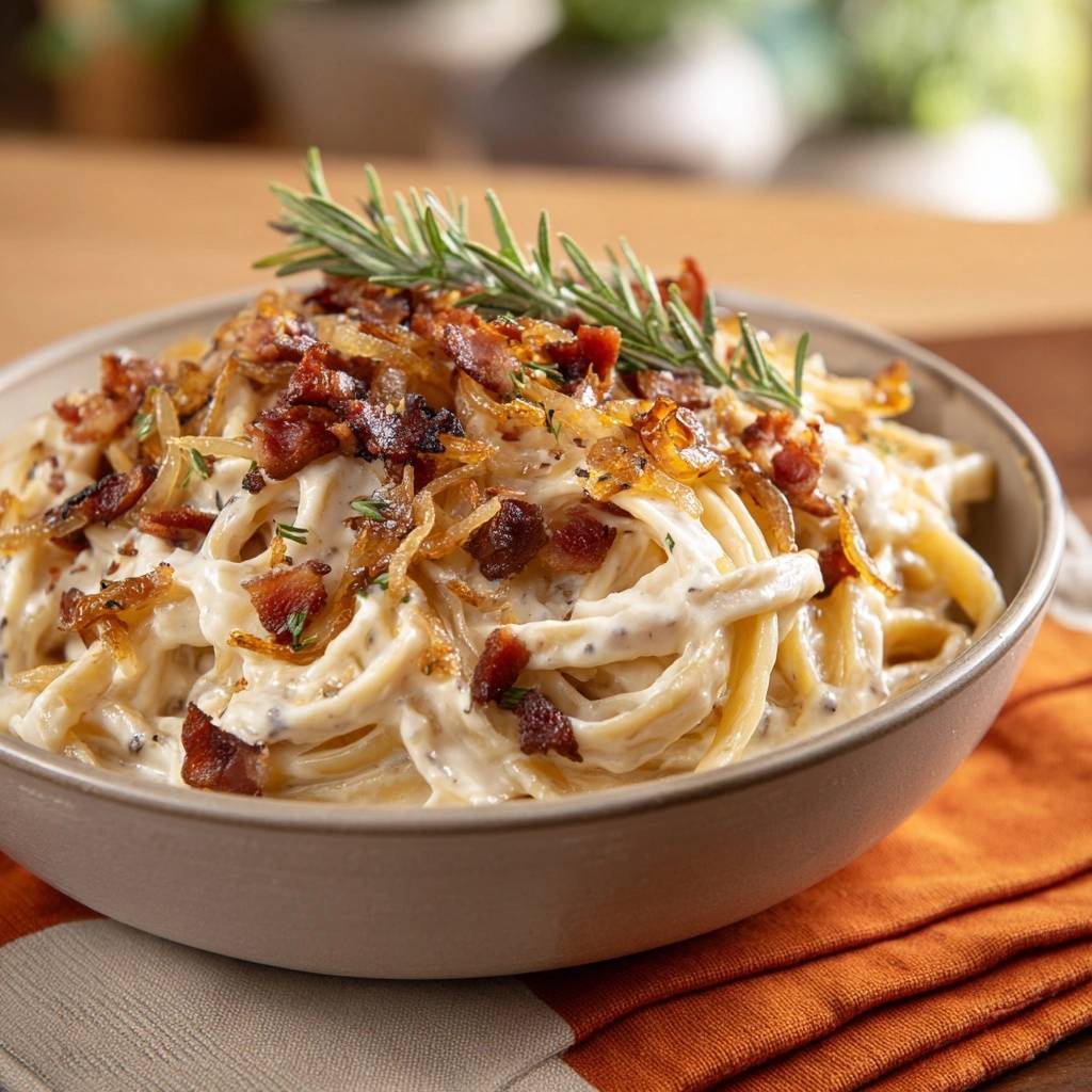 Creamy caramelized onion fettuccine with beef bacon, showing a close-up of the pasta topped with crispy bacon, onions, and rosemary.