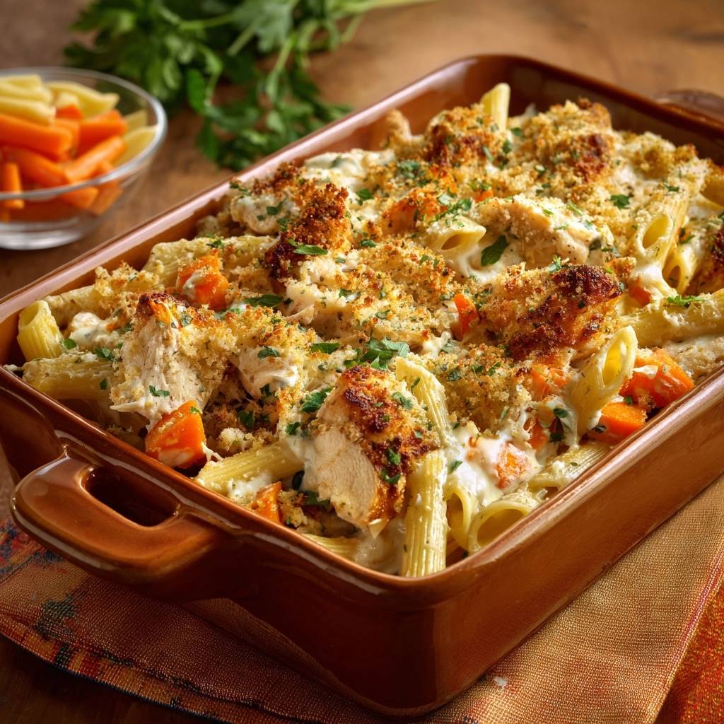 Creamy chicken and carrot penne bake featuring a golden breadcrumb topping and fresh parsley garnish.