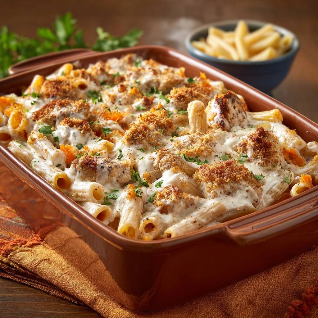Creamy chicken and carrot penne bake in a brown dish, showing a close-up of the baked pasta with a golden breadcrumb topping.