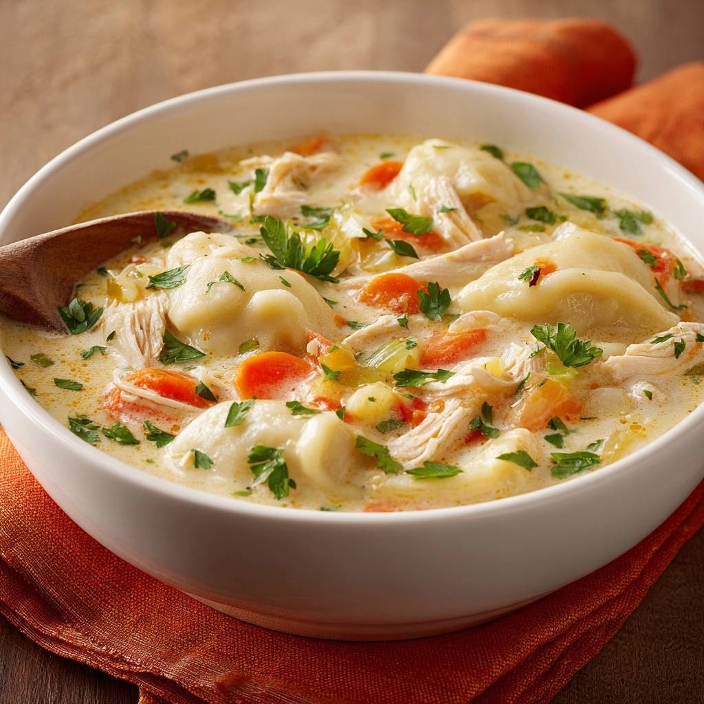 Creamy chicken and dumplings in a white bowl, showcasing tender chicken, carrots, and fluffy dumplings with fresh parsley garnish.