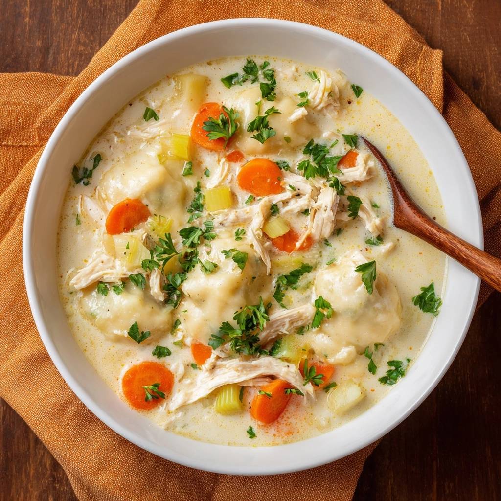 Creamy chicken and dumplings in a white bowl with a wooden spoon, garnished with parsley and featuring visible carrots and celery.